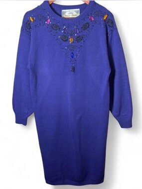 Vintage 80s California Gold Rush Eclectic Jeweled Sweater Dress Purple Medium